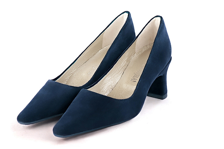 Navy blue women's dress pumps,with a square neckline. Tapered toe. Medium spool heels. Front view - Florence KOOIJMAN